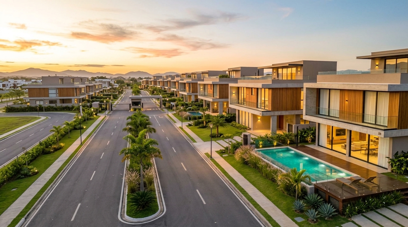 Condomínio residencial fechado de alto padrão com casas contemporâneas